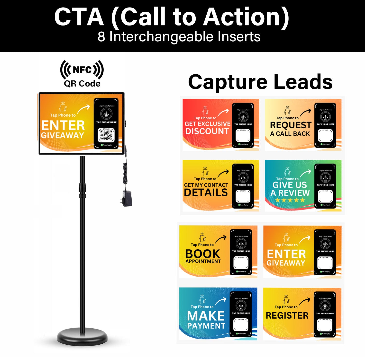 Call-To-Action (CTA) NFC LED Lightbox Signage - Capture Leads - Elegant Black NFC/RFID Display with 360° Rotation