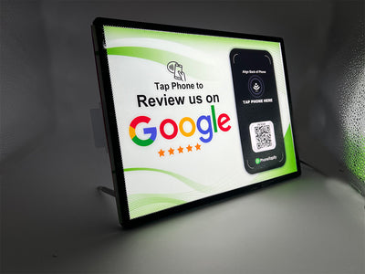 Google Review NFC LED Lightbox Signage - Replaces Old NFC Table Stands - Elegant Black NFC/RFID Display with 360° Rotation