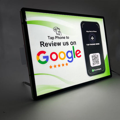 Google Review Collection NFC LED Lightbox Signage - Replaces Old NFC Table Stands - Elegant Black NFC/RFID Display with 360° Rotation